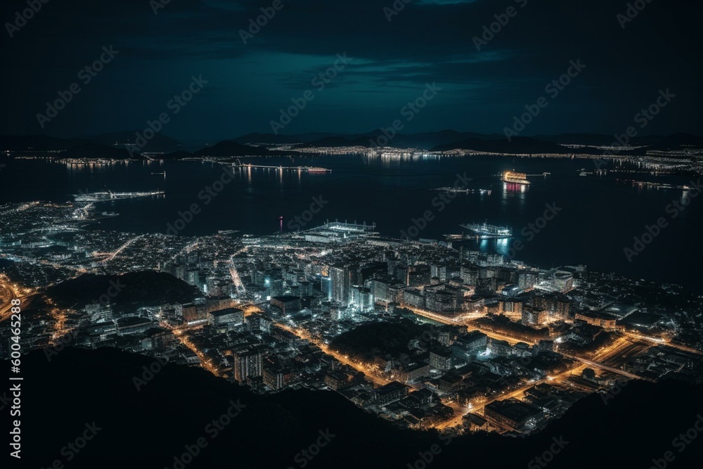 A stunning view of the cityscape of Hakodate at night. Generative AI