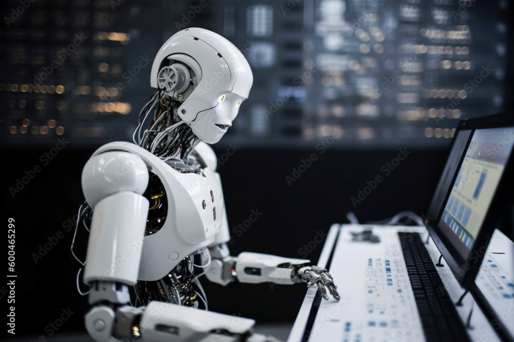 Generative AI. the white robot looks away and works . new future technology, futuristic and technology concept. Generative AI. the white robot looks away and works . new future technology, futuristic and technology concept.
