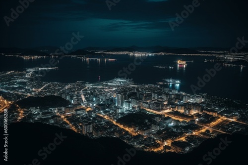 A stunning view of the cityscape of Hakodate at night. Generative AI