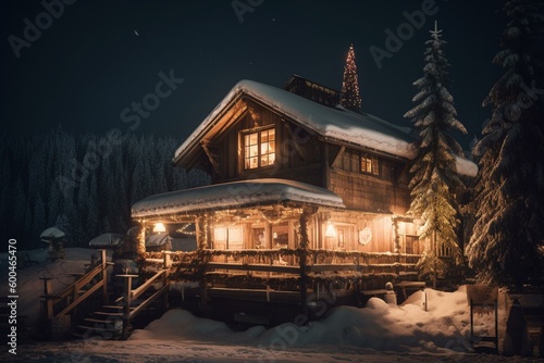 Christmastree with ski hut at night. Generative AI