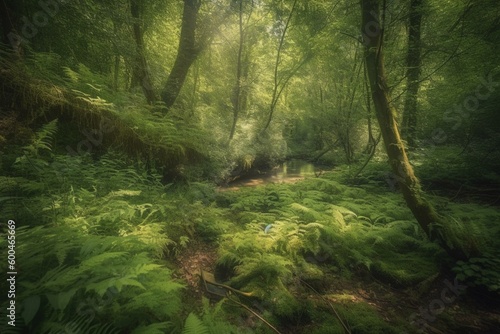 Tranquil woodland of lush greenery. Generative AI