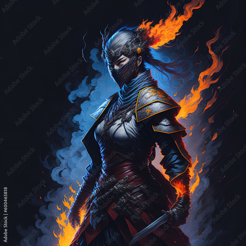 Naklejka premium Japanese ninja samurai woman cartoon anime game movie character vibrant colors comic book print