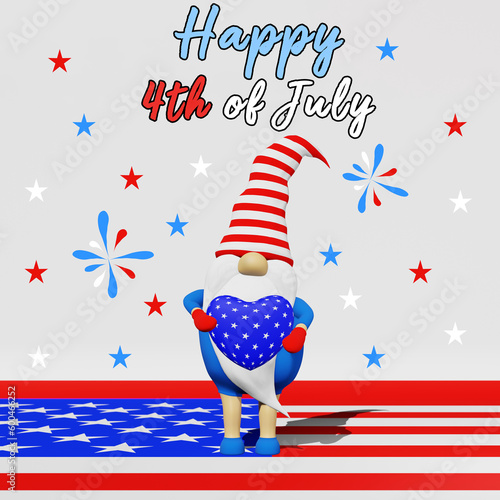 United States Independence Day gnome striped hat 3D rendering. 4th of July national USA flag holiday greeting card advertising party banner design. Scandinavian character american patriotic symbolics. photo