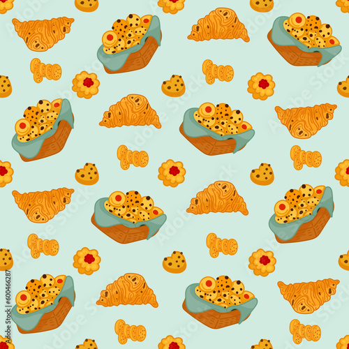 Vector seamless pattern with sweets, pastries and berries. Cakes and biscuits on coasters, cookies with crumbs, croissants, chocolate muffins hand drawn seamless background