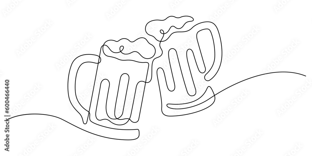beer mug with froth clinking one line drawing vector illustration - obrazy, fototapety, plakaty 
