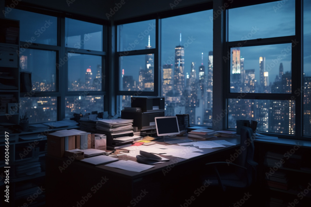 Cozy downtown office with laptop at night and skyscrapers. Ai generated