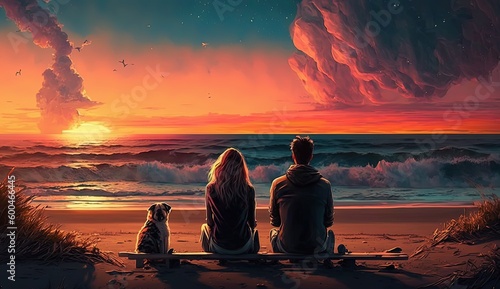 couple sits on a Sandy beach watching the sunset ai generative