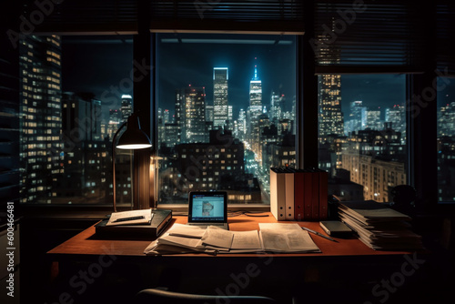 Cozy downtown office with laptop at night and skyscrapers. Ai generated