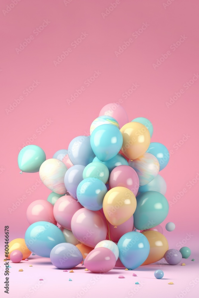 Bunch of pastel blue, pink, purple balloons on pastel background. Celebration concept. Generative AI.