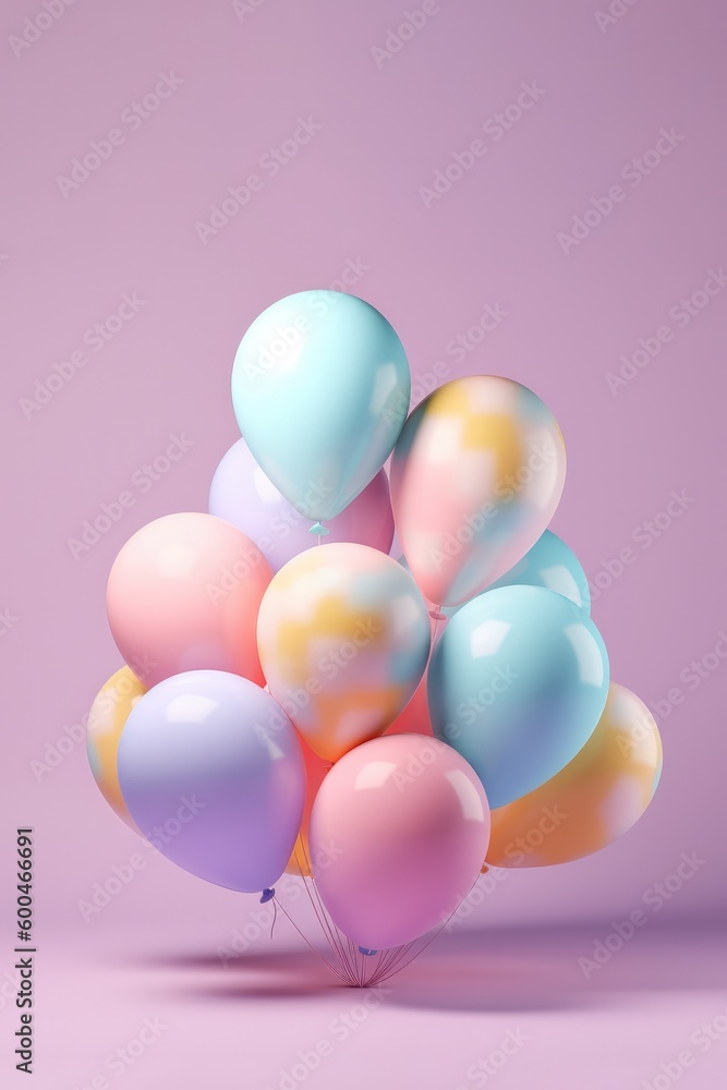 Bunch of pastel blue, pink, purple balloons on pastel violet background. Celebration birthday party concept. Generative AI.