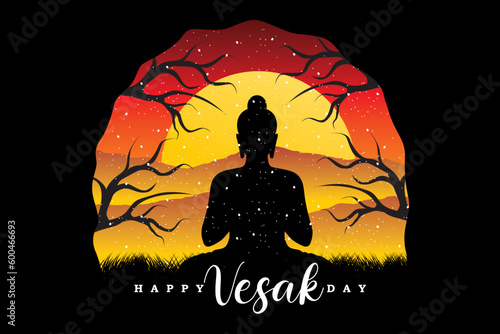 Happy vesak day. Silhouette meditation buddha. Gradient vesak day illustration