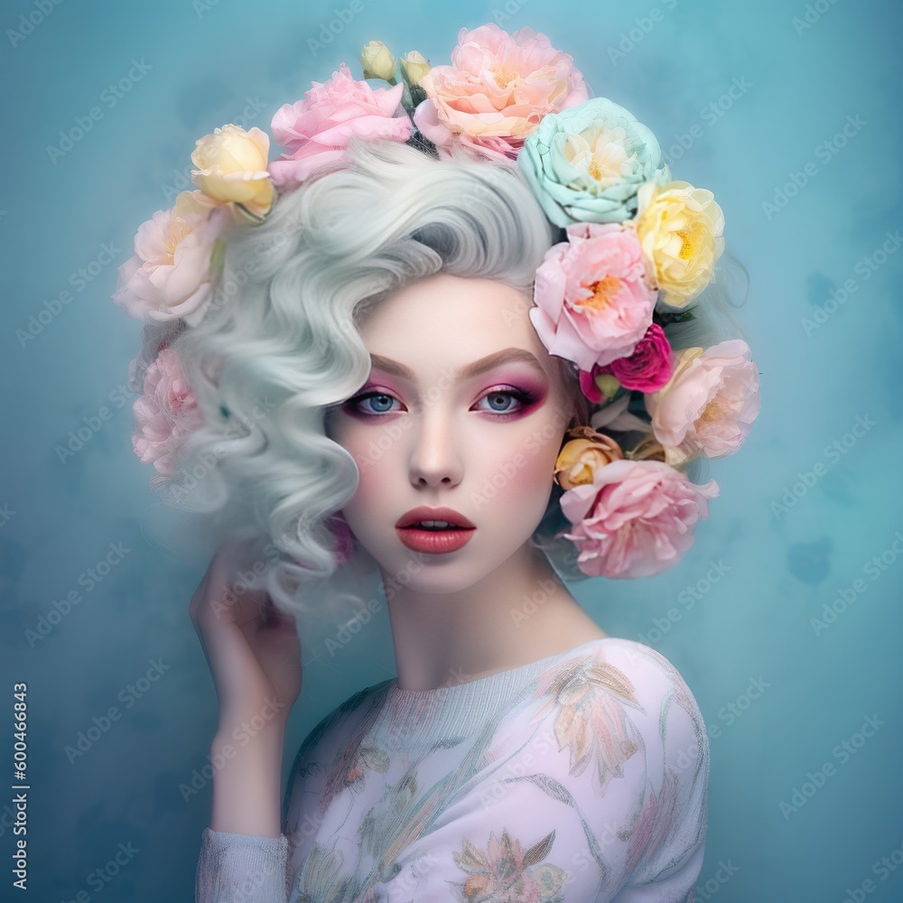 Beautiful girl with perfect pale skin with flowers in her hair on pastel blue background. Natural beauty face care. Generative AI.