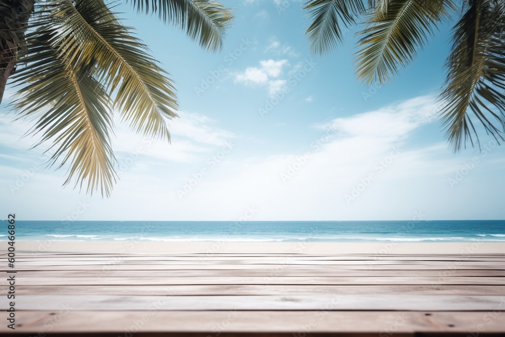 Wooden Table Top with Summer Beach Background Created with Generative AI Wooden Table Top with Summer Beach Background Created with Generative AI