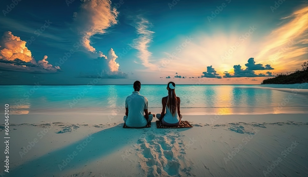 Fototapeta premium romantic couple in beautiful beach sunset by ai generative
