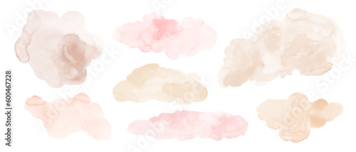 Set of colorful watercolor blots, abstract forms, textures, design elements. Soft hand painted clouds, ink spots.