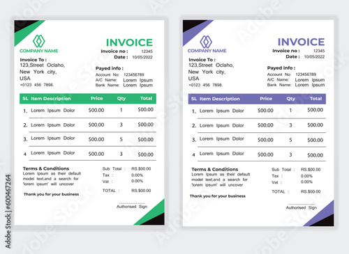 Business Minimal Corporate Invoice design template vector illustration bill form price . Creative template and stationery design payment agreement design template Cash Memo, Vector Quotation Design