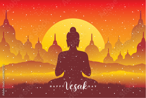 Happy vesak day. Silhouette meditation buddha. Gradient vesak day illustration