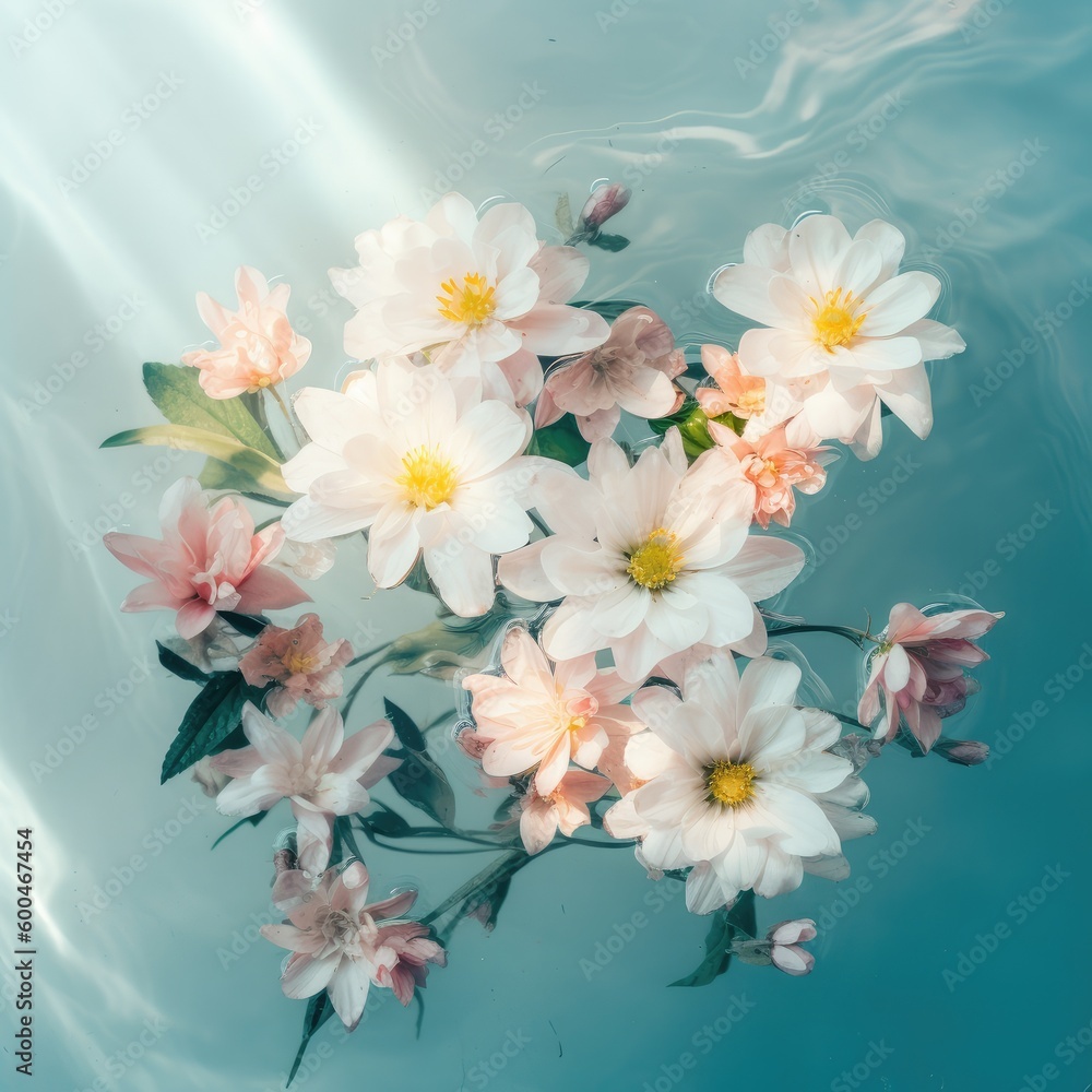 Beautiful spring flowers various sizes and shapes underwater in the sea with waves and sun shadows. Generative AI.