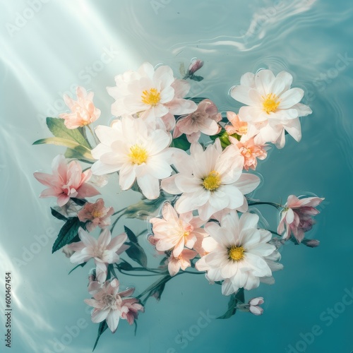 Beautiful spring flowers various sizes and shapes underwater in the sea with waves and sun shadows. Generative AI.