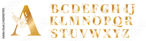 Golden floral alphabet font uppercase letters with flowers leaves gold splatters