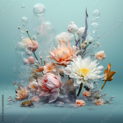 Beautiful spring flowers various sizes and shapes underwater in the sea with waves and sun shadows with bubbles. Generative AI.