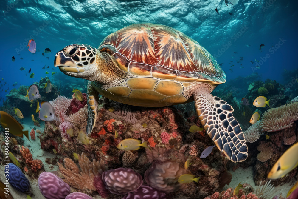 Fototapeta premium Hawaiianische Schildkröte (Chelonia mydas) auf einem farbenprächtigen tropischen Korallenriff