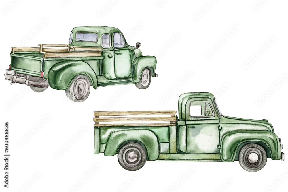 Vintage watercolor green trucks set, hand drawn illustration of old retro  car on a white background. Perfect for scrapbooking, kids design, wedding  invitation, posters, greetings cards. Stock Illustration | Adobe Stock