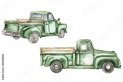 Vintage watercolor green trucks set, hand drawn illustration of old retro car on a white background. Perfect for scrapbooking, kids design, wedding invitation, posters, greetings cards.