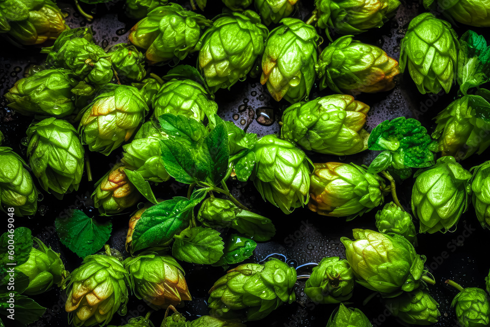 Green fresh hop cones for making beer and bread close up. Ai generated Green fresh hop cones for making beer and bread close up. Ai generated