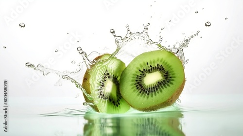 Freshly cut kiwi plunging into water on a white background