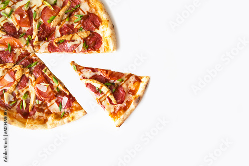 Top view, isolated on white background, with onion, bacon and cherry tomatoes, thin pastry crust, closeup