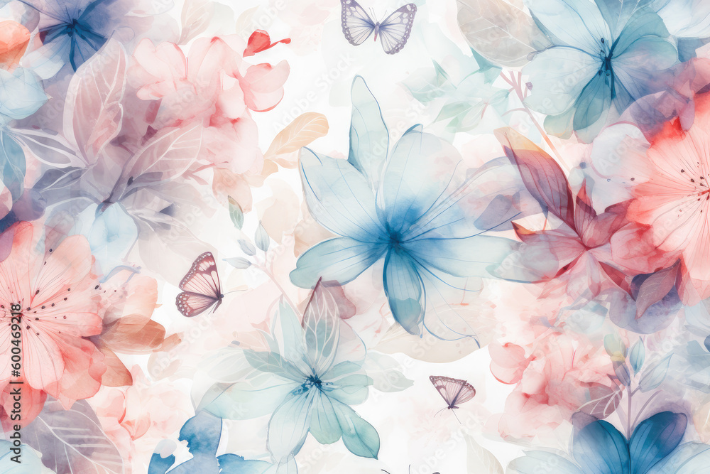 Obraz premium Beautiful abstract background with flowers and butterflies in watercolor style. Generative AI.