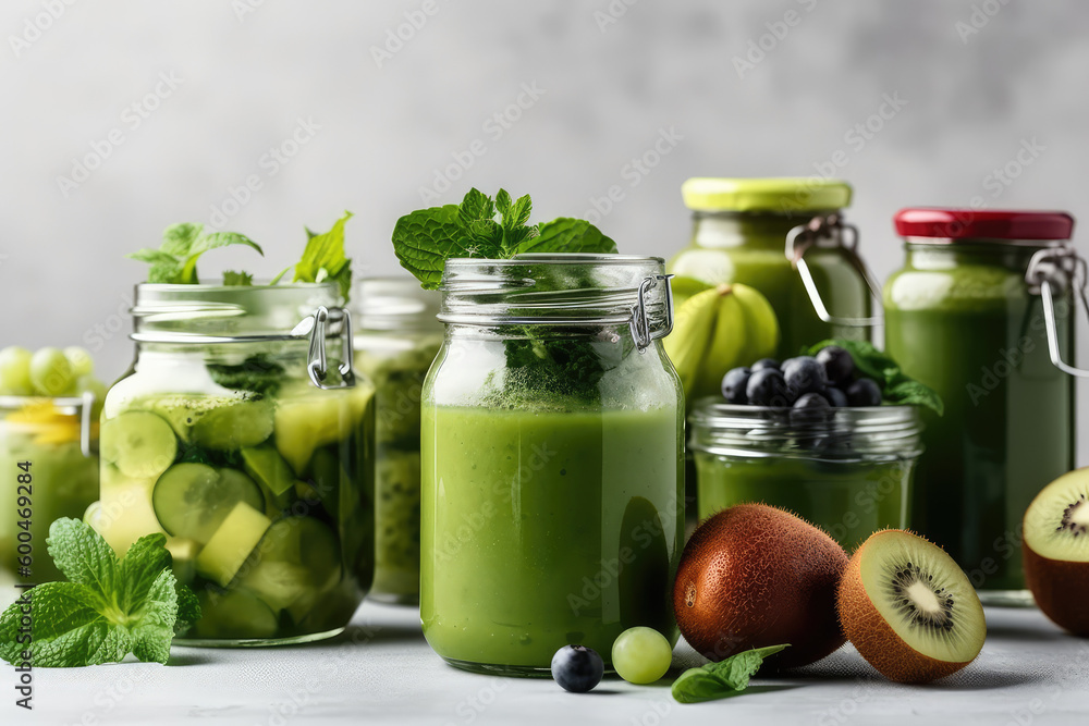 Nutrient-Packed Blend. Green Health Smoothie in Glass Jar Mugs with Kale Leaves and Fresh Fruits. Wellness AI Generative.
Nutrient-Packed Blend. Green Health Smoothie in Glass Jar Mugs with Kale Leaves and Fresh Fruits. Wellness AI Generative.