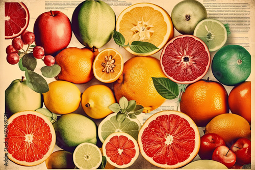 Fresh citrus fruits. Orange, lemon, grapefruit. Vintage 60s style food background. Generative AI