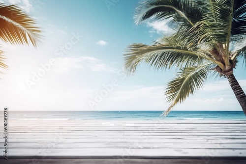 Wooden Table Top with Summer Beach Background Created with Generative AI