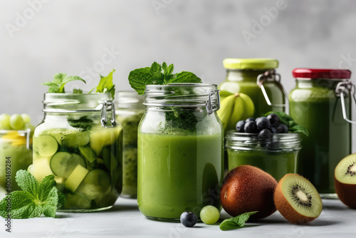 Nutrient-Packed Blend. Green Health Smoothie in Glass Jar Mugs with Kale Leaves and Fresh Fruits. Wellness AI Generative. 