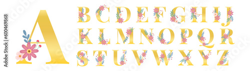 Golden floral alphabet font uppercase letters with flowers leaves gold splatters
