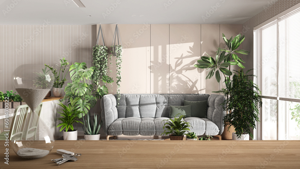 Wooden table or shelf with crystal hourglass measuring the passing time over minimalist living room and kitchen, sofa, house plant interior design, copy space background Wooden table or shelf with crystal hourglass measuring the passing time over minimalist living room and kitchen, sofa, house plant interior design, copy space background