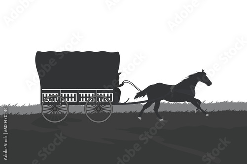 Horse and covered carriage. The horse runs trotting. Traditional rural transportation.