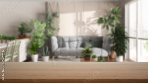 Empty wooden table, desk or shelf with blurred view of kitchen, dining and living room with sofa with many houseplants. Urban jungle interior design concept © ArchiVIZ