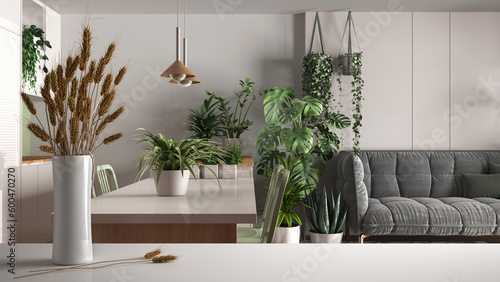 White table top or shelf with straws, dry plants, ornament, ears, sheaf, branch in vase, over kitchen, living and dining room, houseplants, architect interior design, urban jungle