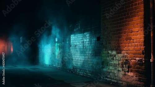 illustration,old brick wall with neon light,generative ai