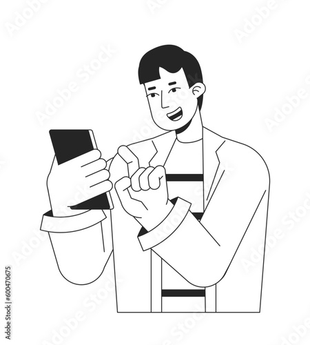 Excited guy playing on phone bw vector spot illustration. Scrolling cellphone 2D cartoon flat line monochromatic character on white for web UI design. Gadget user editable isolated outline hero image