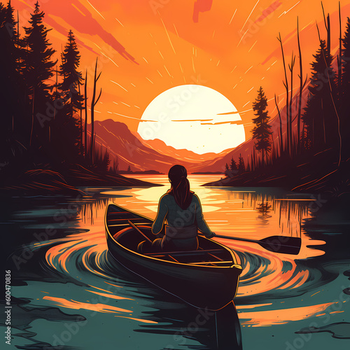 Kayaking Adventurer at Sunset. Generative AI