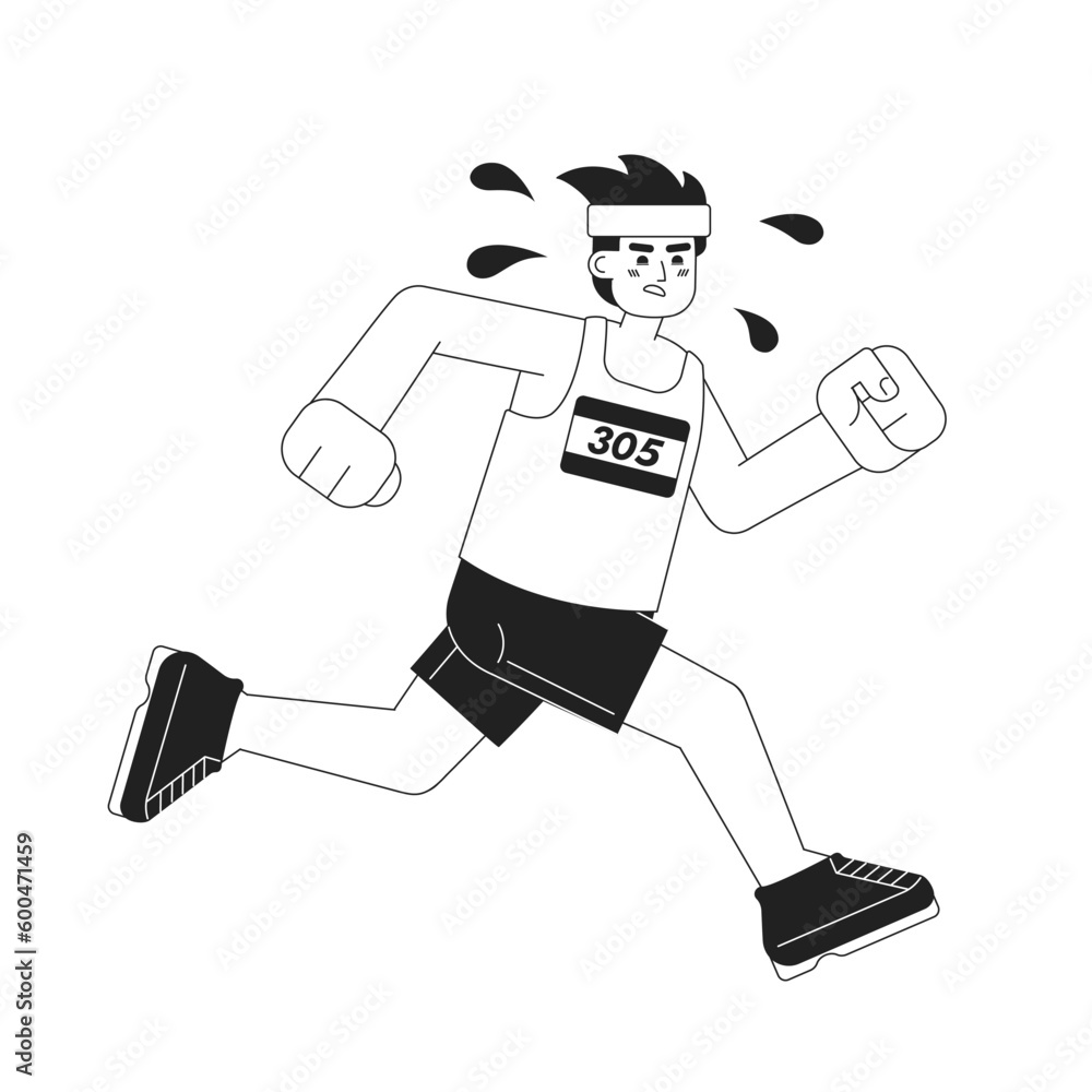 Body conscious in self improvement monochrome concept vector spot illustration. Marathon runner man 2D flat cartoon character for web UI design. Physical fitness isolated editable handdrawn hero image