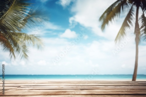 Wooden Table Top with Summer Beach Background Created with Generative AI © dendyh7
