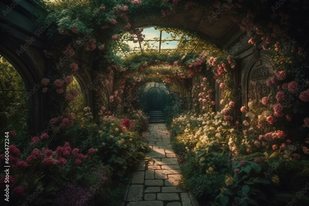 A surreal garden filled with flower arches and flourishing foliage, reminiscent of a fantastical wonderland. Generative AI