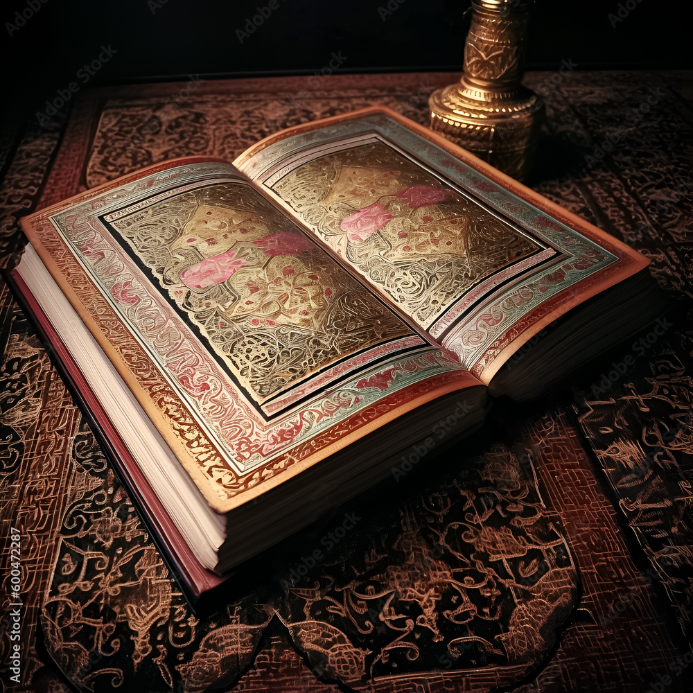 Fototapeta premium Old book with gold and silver, Koran, Islam concept. Illustration, generative ai.