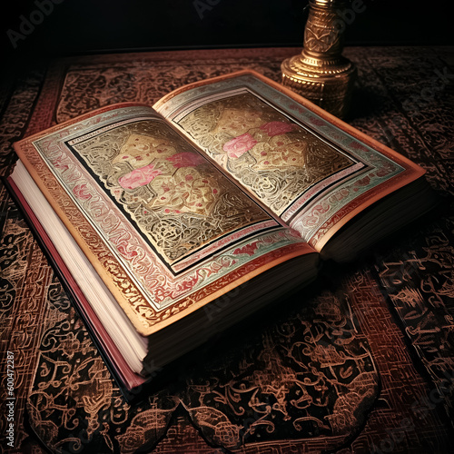 Old book with gold and silver, Koran, Islam concept. Illustration, generative ai.