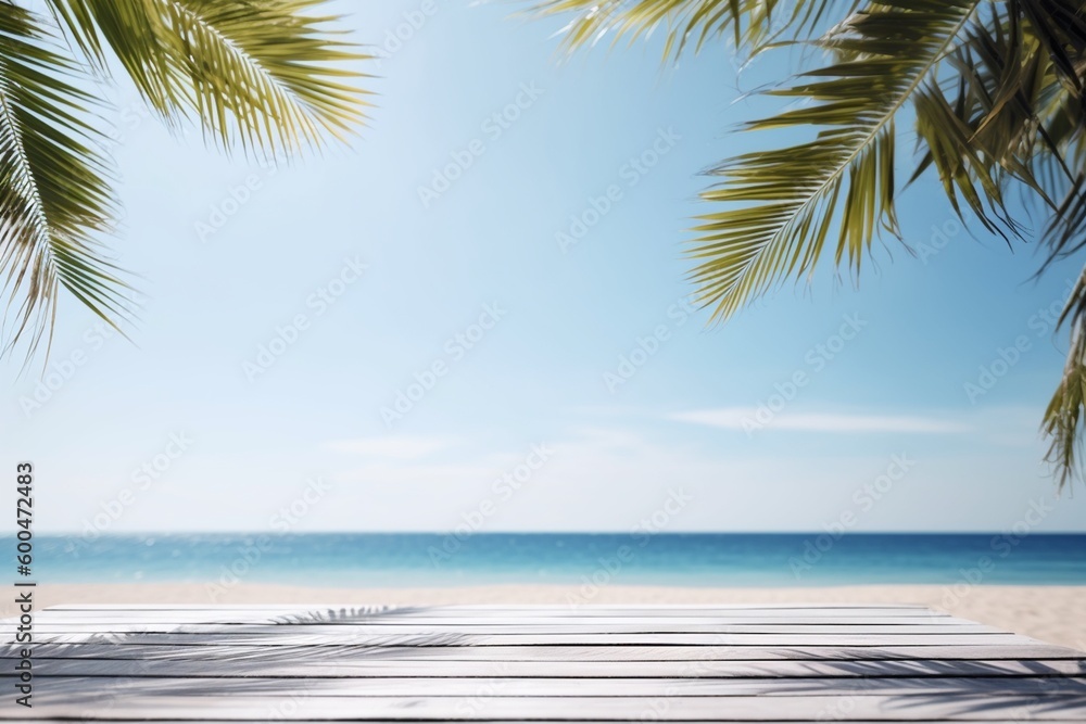 Wooden Table Top with Summer Beach Background Created with Generative AI Wooden Table Top with Summer Beach Background Created with Generative AI